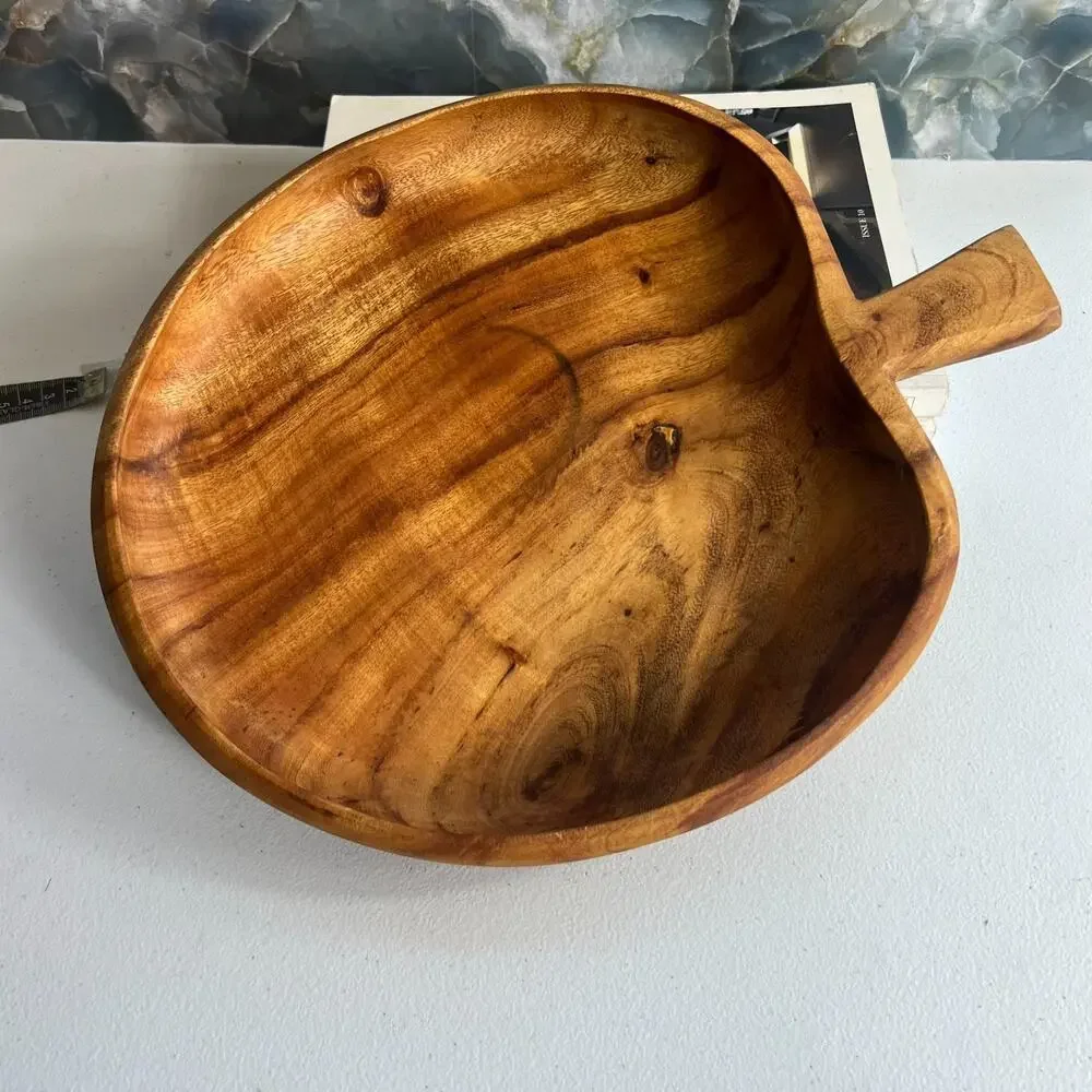 Vtg Hand Carved Wood Apple Shape Fruit Bowl Country Farmhouse Dish 13.5